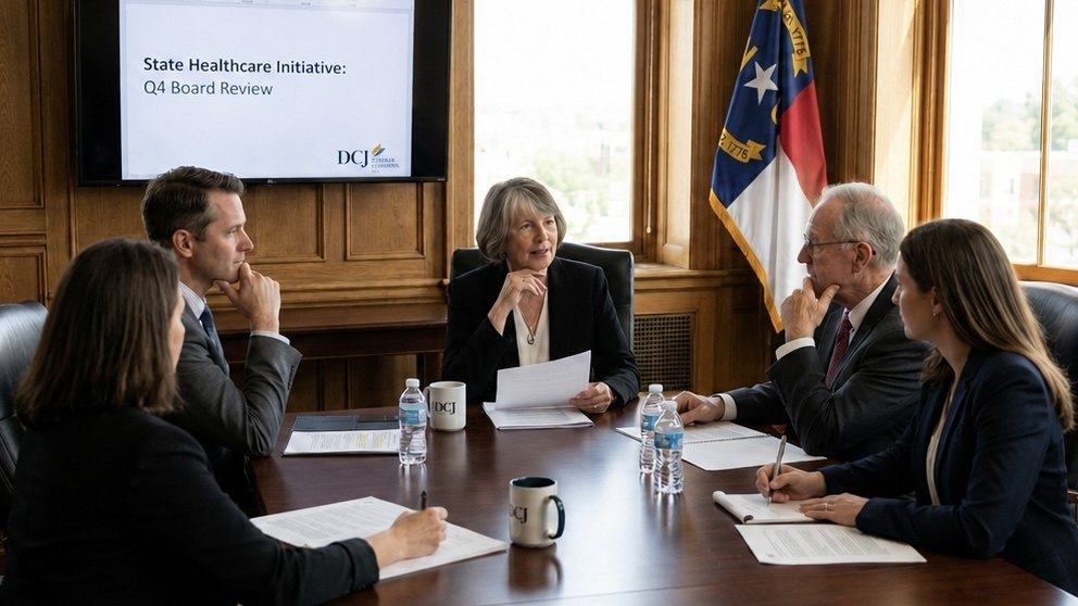 Dee Jones leading a board review at a conference table