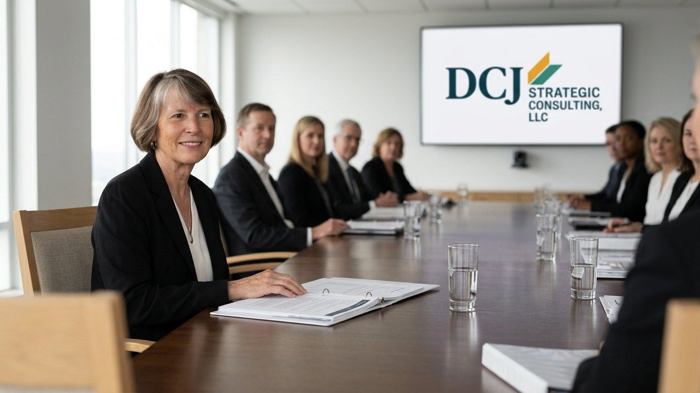 Dee Jones at the head of a board table, walking members through the agenda