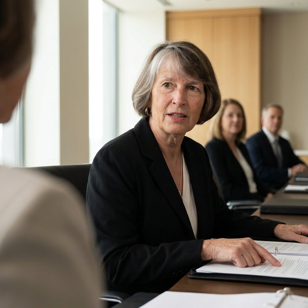 Dee Jones walking a client through a process document at the table
