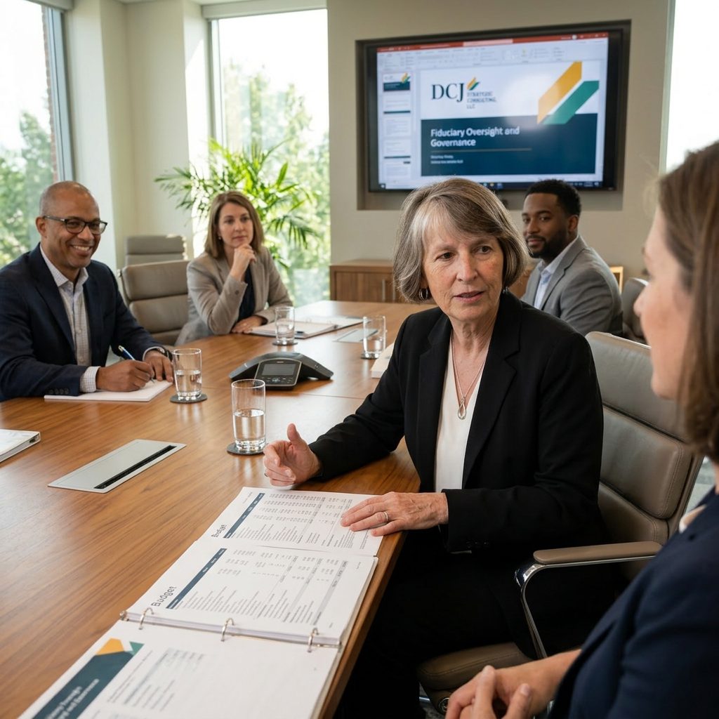 Dee Jones reviewing a governance binder with a client at the conference table